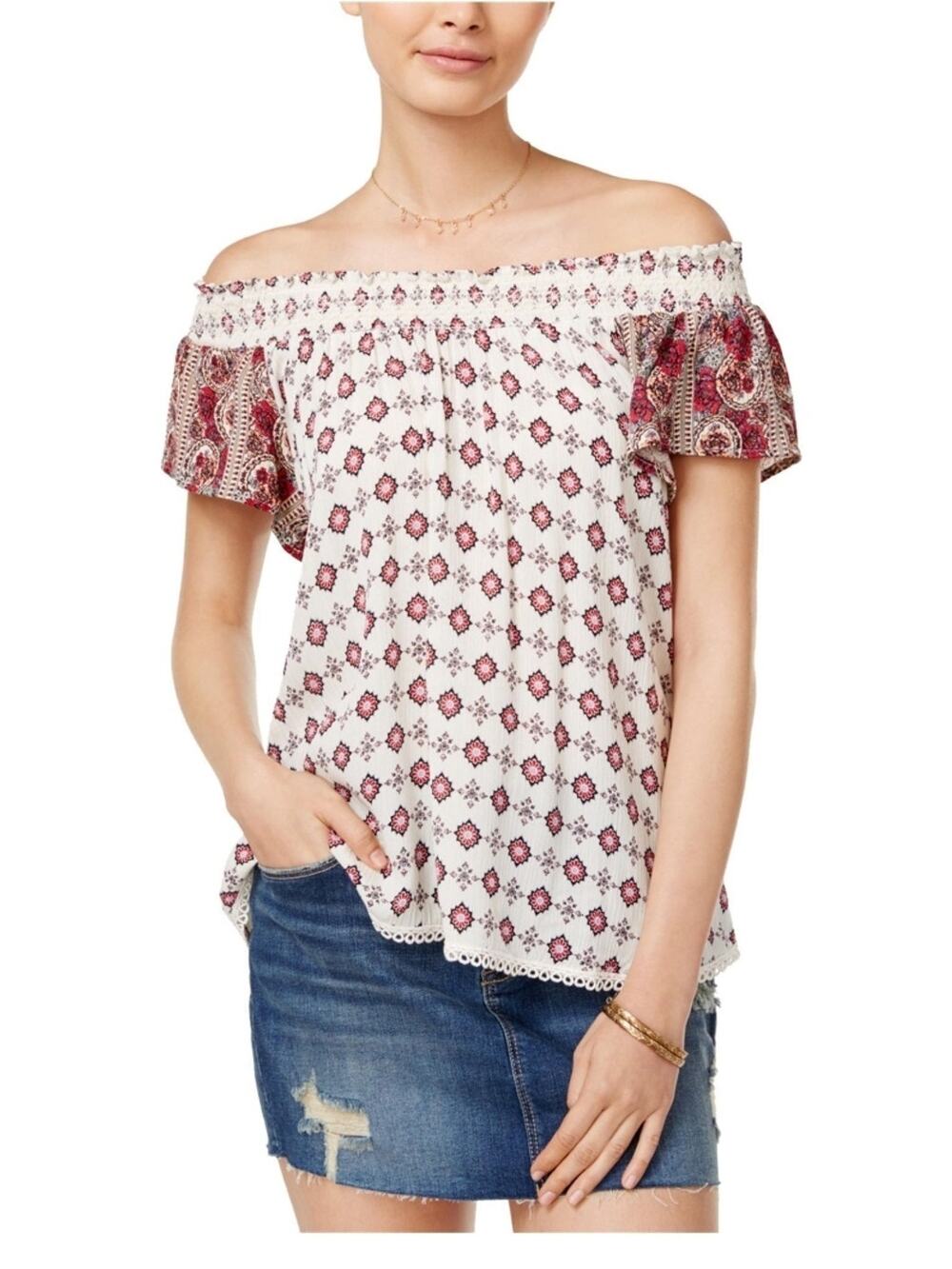 Self E Crochet Trim Knit Cold Shoulder or Short Sleeve Shirt Blouse | Size Large